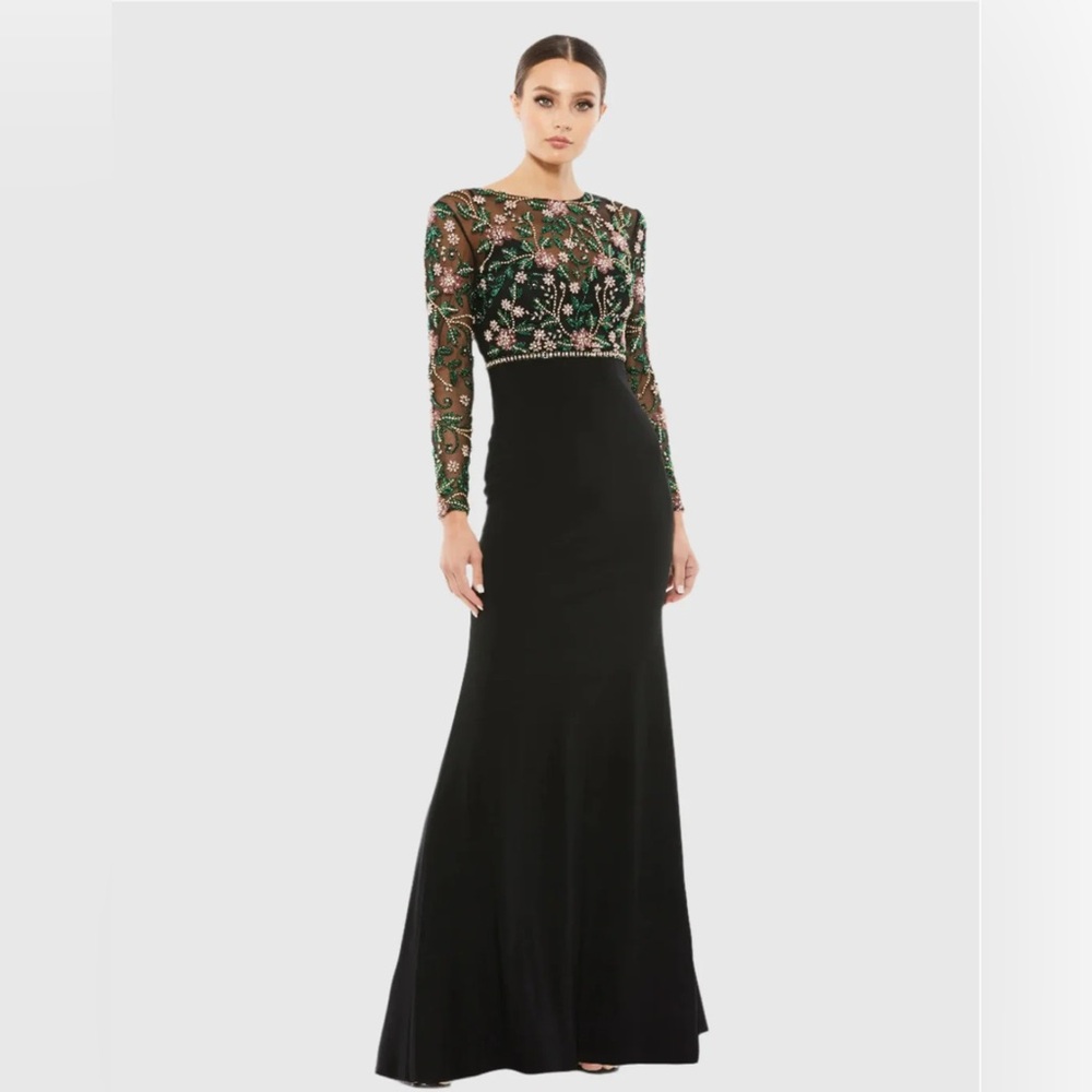 MAC DUGGAL - Black Beaded Illusion High Neck Trumpet Gown - NEW